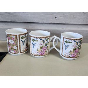 Vintage Homco Home Interior Octagonal Blue Bird & Floral Coffee Tea Mug Set Of 3